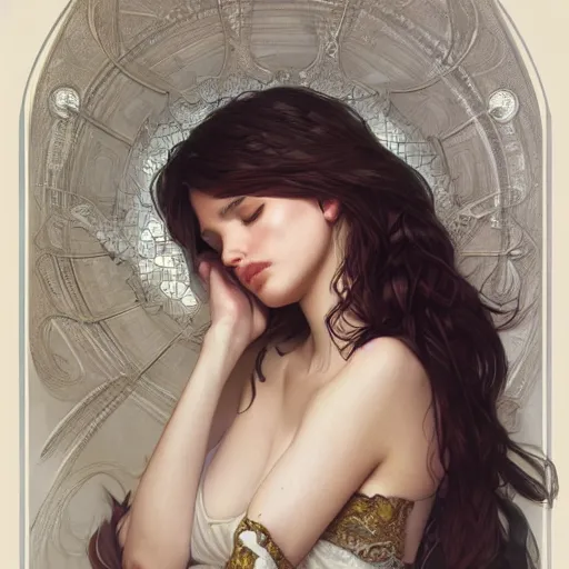 Image similar to ultra realistic illustration, bella thorne sleeping, intricate, elegant, highly detailed, digital painting, artstation, concept art, smooth, sharp focus, illustration, art by artgerm and greg rutkowski and alphonse mucha