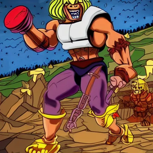 Prompt: he - man running from freddy fazbear in mcdonalds at 3 am