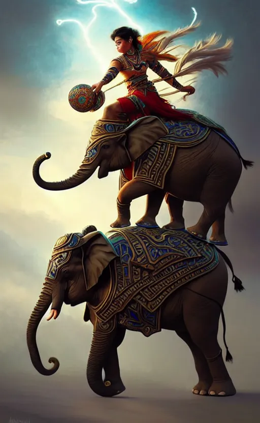 Image similar to magic tribal ethnic asian female, riding a war elephant, contrast lightning, deep focus, d & d, fantasy, intricate, elegant, highly detailed, digital painting, artstation, concept art, matte, sharp focus, illustration, hearthstone, art by artgerm and greg rutkowski and alphonse mucha