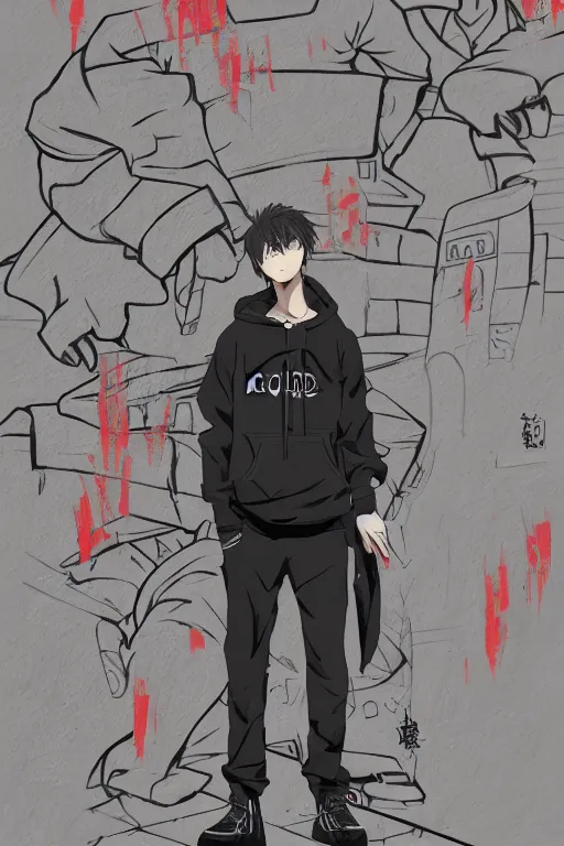Image similar to anime young guy wearing black hoodie leaning against a wall with japanese graffiti, wlop, concept art, digital painting, trending on artstation, highly detailed, epic composition, 8 k uhd