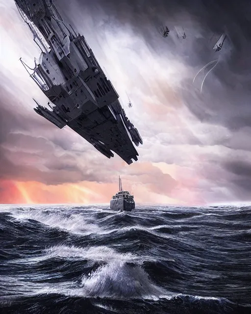 Image similar to scifi action scene of a fishing boat on stormy seas, a gigantic star destroyer spaceship flying overhead, the gigantic star destroyer spaceship is emerging from storm clouds, sunset lighting, stormy weather, dramatic lighting, unreal engine, hyper realism, realistic shading, cinematic composition, realistic render, octane render, detailed textures, photorealistic, ultrawide shot, 1 6 mm lens