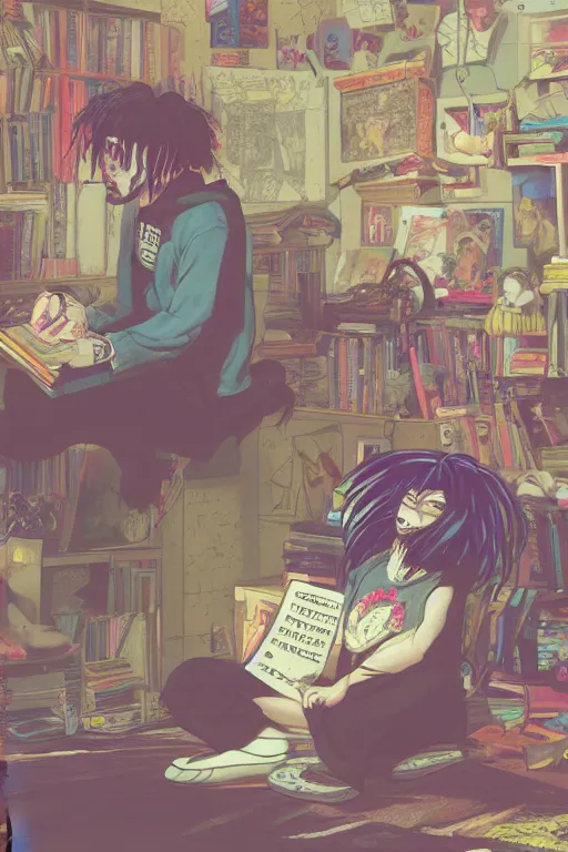 Image similar to goth guy sitting on the floor of a cluttered 9 0 s bedroom reading a book by sophie anderson, vaporwave colors, lo - fi, concept art, smooth, detailed, toon shading, cel shading, animation, 4 k, hd,