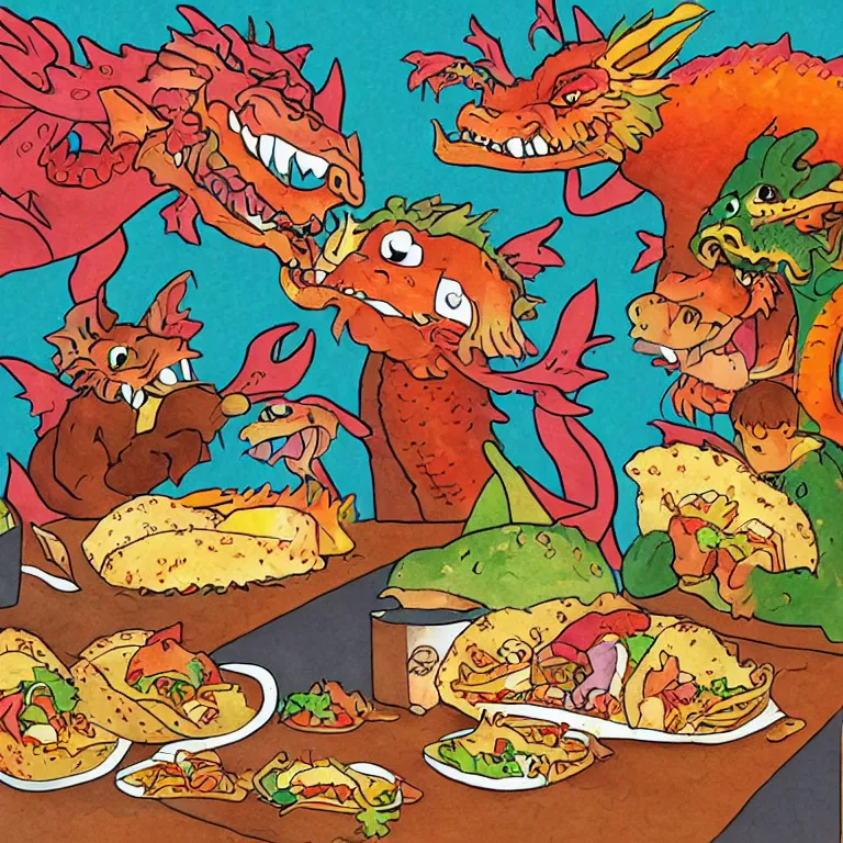 Image similar to dragons eating tacos, childrens book illustration