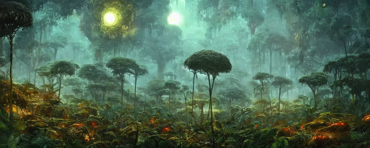 Prompt: ” outer planet with misty jungle covered in mycelium, [ moist, wet, lush, cinematic, detailed, epic, widescreen, opening, establishing, mattepainting, photorealistic, realistic textures, octane render, art by paul lehr ] ”