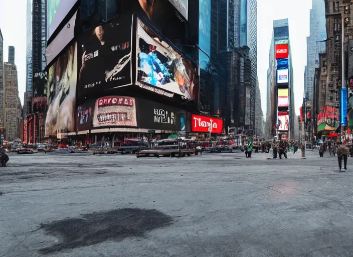 Image similar to film still of post apocalyptic empty time square, overgrown with wildlife walking through in the new sci - fi movie, 8 k