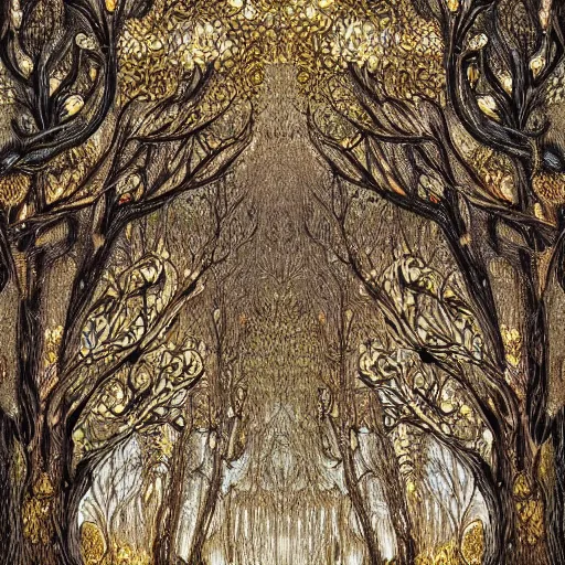 Image similar to a beautiful forest made of ivory and gold, highly intricate, digital art, very detailed, in the style of a weird and dark art noveau flemish painting