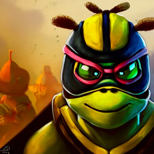 Image similar to closeup painting of cute bee tmnt with themed armor, portrait, hyperdetailed, artstation, cgsociety, 8 k, by tangerine dream