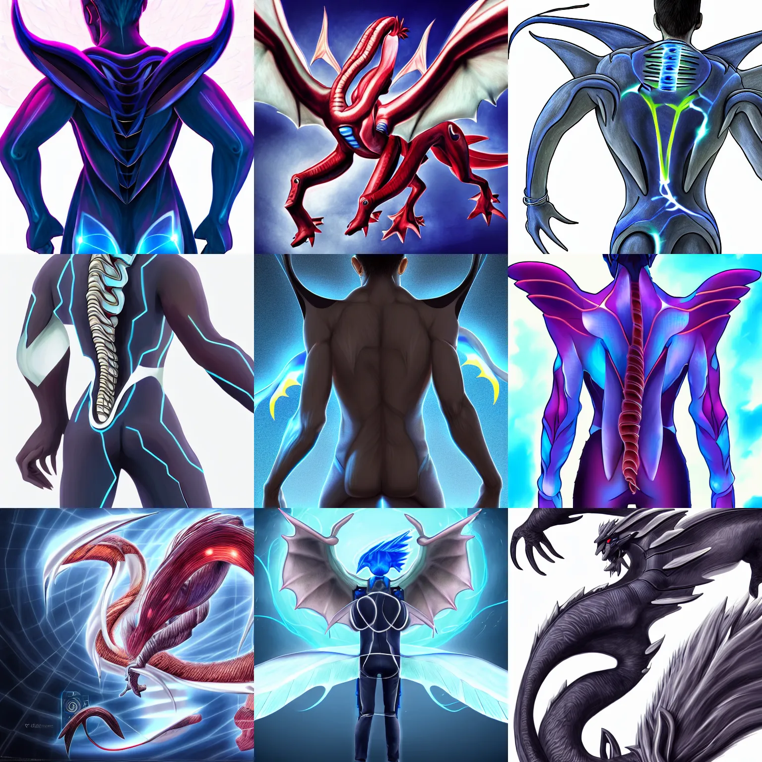 Prompt: human man with the tail of the pokemon dragonair attached to his whole spine, futuristic, electrical, back - shot, high tech, symmetrical, digital art, dragon, pokemon, anatomy, d & d, 4 k hd, very detailed, drawing