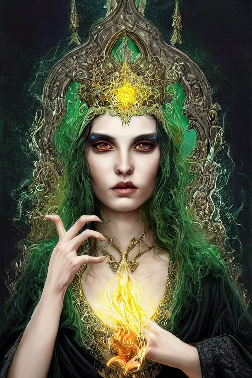 Image similar to a close - up portrait of a hauntingly beautiful sorceress wearing a black robe with gold embroidery, casting a spell, green glows, painted by artgerm and tom bagshaw, highly detailed digital art