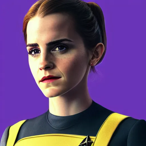 Image similar to a full body portrait of emma watson as a star fleet officer from star trek next generation, ultra rendered extreme realism and detail, 8 k, highly detailed, realistic, completely framed, hyper realistic, colorful, direct lighting, 3 5 mm photo, photorealistic, sharp focus