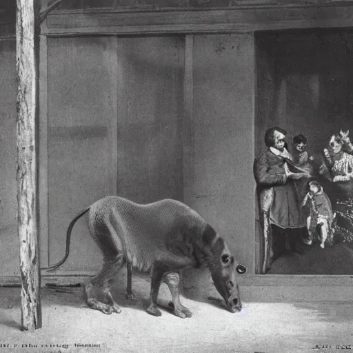 Prompt: an unexpected visitor to the zoo, color photograph in 1 8 3 2 new york