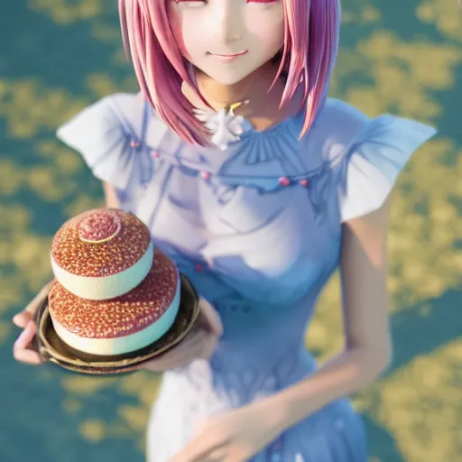 Prompt: Render of a beautiful 3d anime woman holding a birthday cake to show the camera, long light pink hair, full bangs, hazel eyes, cute freckles, full round face, proud smile, Chinese heritage, cute checkerboard sundress, golden hour, serene beach setting, medium shot, mid-shot, hyperdetailed, trending on Artstation, Unreal Engine 4k