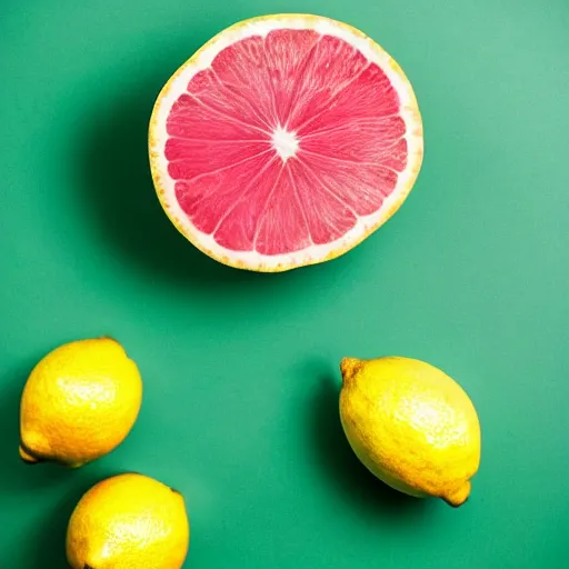 Prompt: a photography of a pink lemon on a green background - professional photography