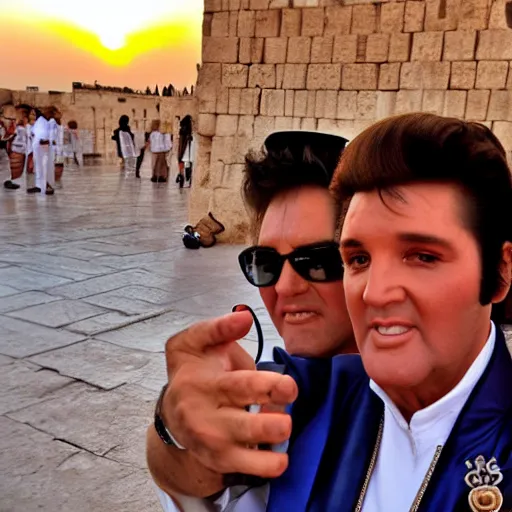 Prompt: photo realistic, high quality, selfie of elvis presley at the kotel at sunset.