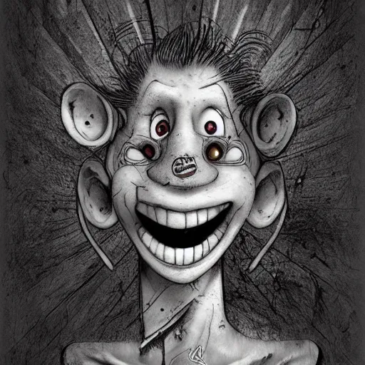 Prompt: grunge cartoon sketch of a human mixed with a chicken with a wide smile by - michael karcz, loony toons style, horror theme, detailed, elegant, intricate
