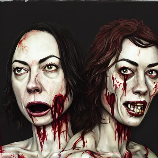 Prompt: color head portrait of aubrey plaza and lena headey grinning as a zombie, 7 days to die zombie, gritty background, fine art, award winning, intricate, elegant, sharp focus, cinematic lighting, digital painting, 8 k concept art, art by michael hussar, art by brom, art by guweiz and z. w. gu, 8 k