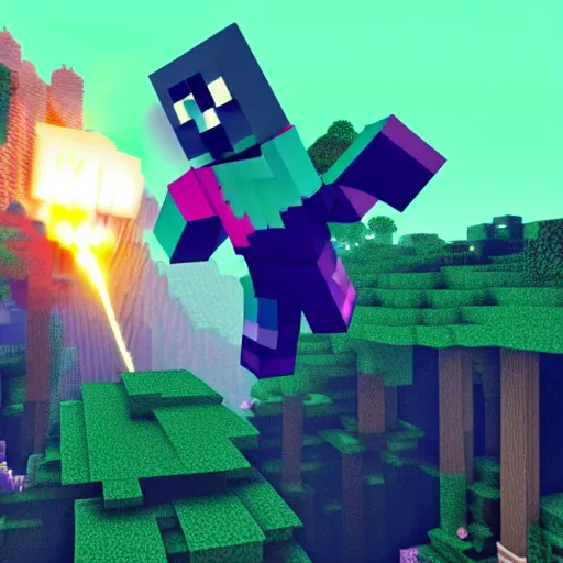 Prompt: dream from minecraft in an epic battle, cinematic, award winning, dramatic lighting, vivid colors