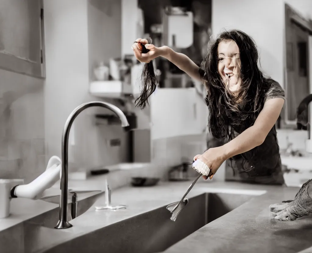 Image similar to first person point of view of a woman holding a tooth brush in front of kitchen sink