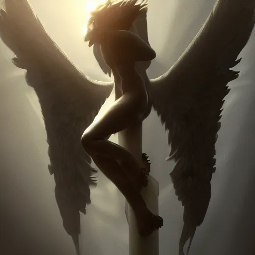 Prompt: abstract digital character art, fallen angel crouched down in a pillar of light, wings open, high contrast hd optics, 8 k dop dof, by bastion lecouffe - deharme