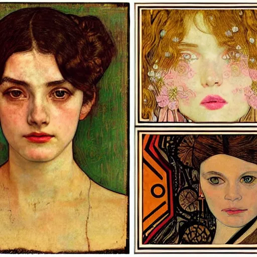 Prompt: portrait of a beautiful young lady with silver eyes, colored daguerreotype, woodcut, poster art, by klimt, by schiele, by mucha, by Mackintosh