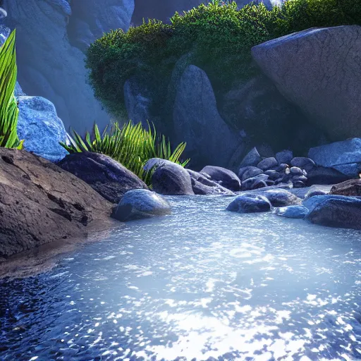 Image similar to water splashing over rocks, volumetric lighting, cinematic, detailed, raytracing, 4K ultra, award winning