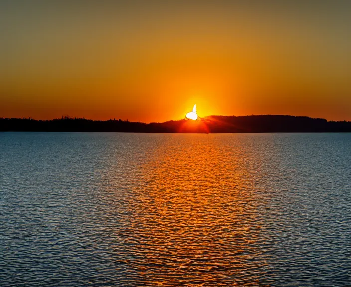 Prompt: 4 k hd, high detail photograph of sunset over the lake, shot with sigma f / 4. 2, 2 5 0 mm sharp lens, wide shot, consistent, volumetric lighting, high level texture render