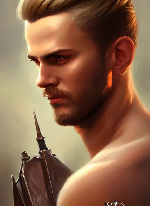 Prompt: a _ fantasy _ style _ portrait _ painting _ of male, medium dark blonde pulled back side part and blonde stubble, rpg dnd oil _ painting _ unreal _ 5 _ daz. _ rpg _ portrait _ extremely _ detailed _ artgerm _ greg _ rutkowski _ greg