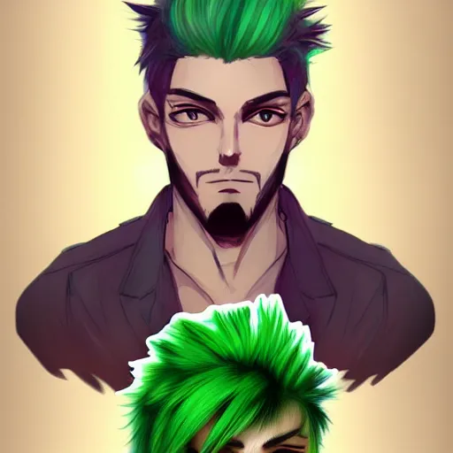 Image similar to Concept art of a man with green hair, trending on artstation, anime