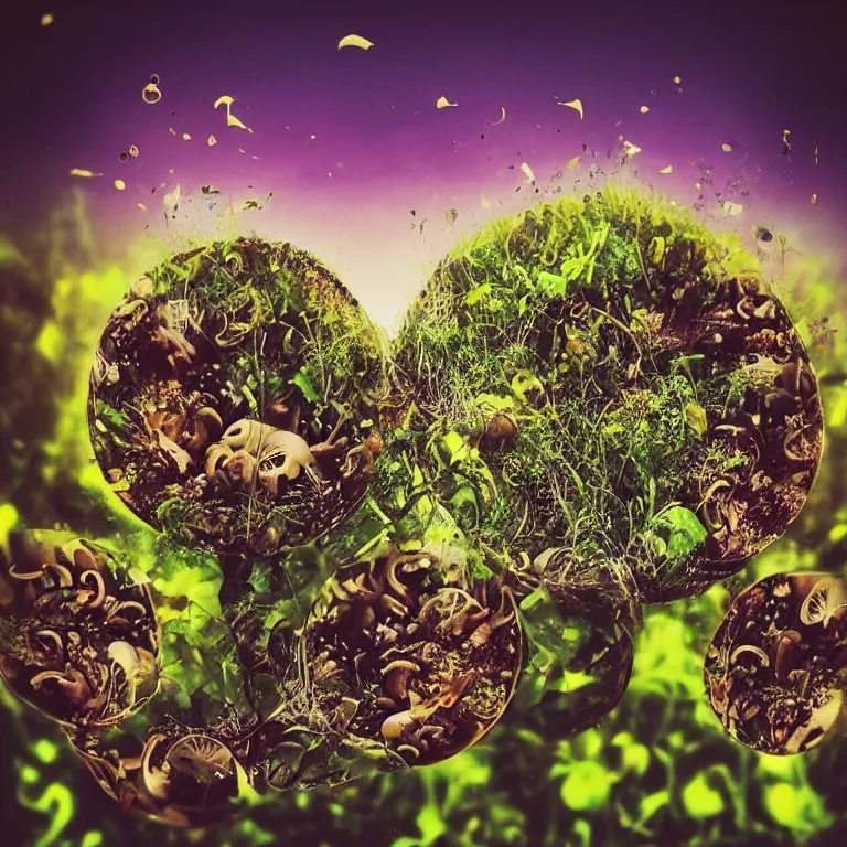 Image similar to double exposure of dally life, symbols of live, explosion, different sprouts and microgreens on mushrooms, cyber mushroom city, mushroom matrix, love is the most relevant theme, 8 k resolution, artistic mode, artistic, trending on instagram, long exposure, love art, serious, fantasy and dreams vibes, mushrooms style and macro style, spring vibes in twilight or sunset lights