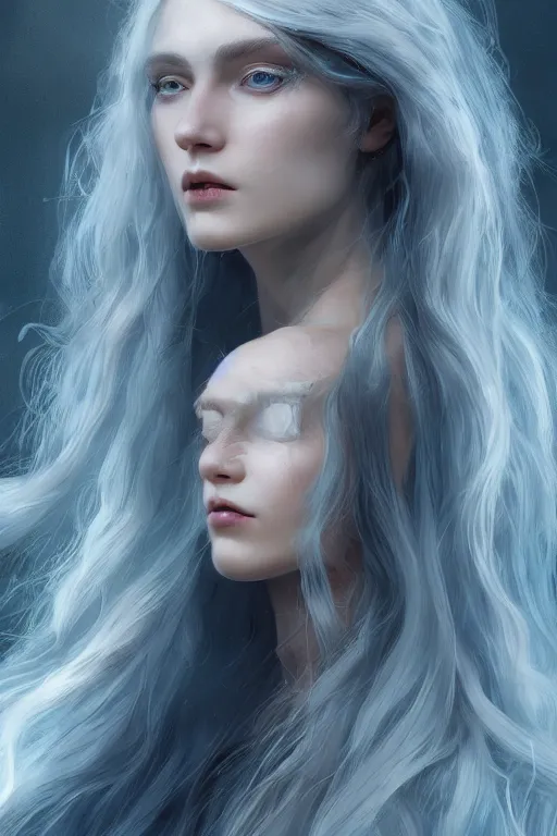 Prompt: a fancy portrait of a beautiful young woman with long white hair and blue eyes by greg rutkowski, sung choi, mitchell mohrhauser, maciej kuciara, johnson ting, maxim verehin, peter konig, bloodborne, 8 k photorealistic, cinematic lighting, hd, high details, dramatic, dark atmosphere, trending on artstation