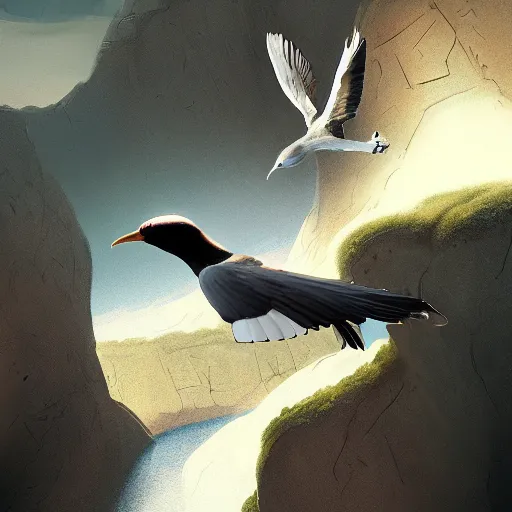 Image similar to concept art of a bird diving thru a diamond canyon, trending on artstation