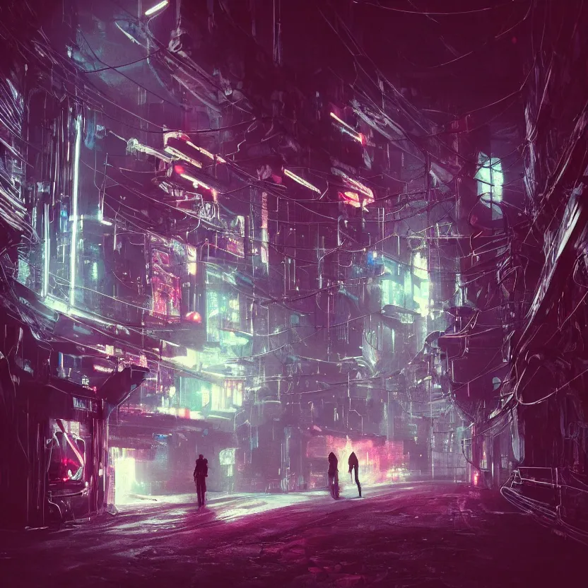 Image similar to a couple parting ways in a dark tunnel with a light on, cyberpunk art by Elsa Bleda, trending, light and space, dystopian art, futuristic, circuitry