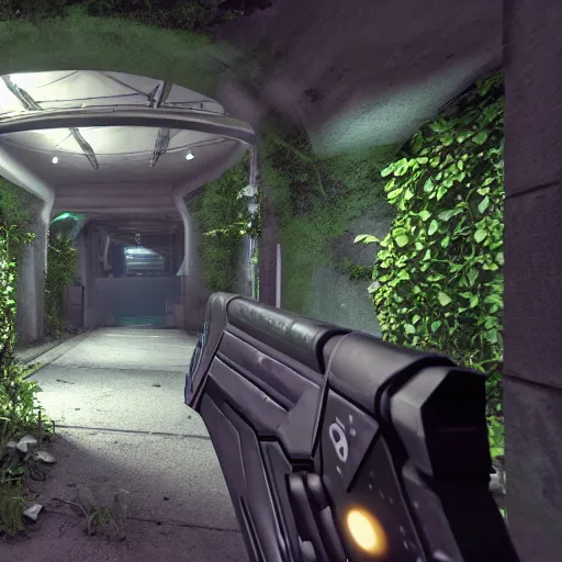 Prompt: screenshot of a first person shooter game on unreal engine 5, in a liminal underground garden, photorealistic, retrofuturism