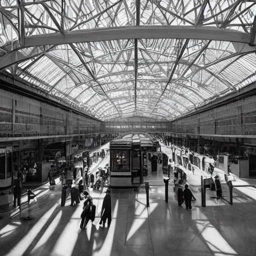 Image similar to an cavernous and expansive train terminal, sun rays coming in through windows, smoky and dusty air, people in a train station, photograph by hal morey, featured on cg society, light and space, volumetric lighting, matte drawing, cinematic, moody, dramatic, global illumination