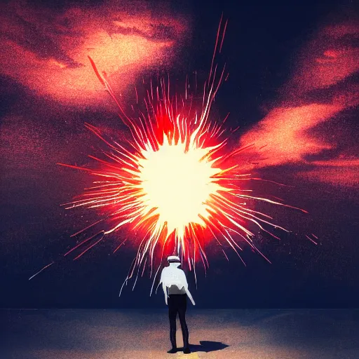 Image similar to man hitting the ground creating a explosion, anime, album cover, rain