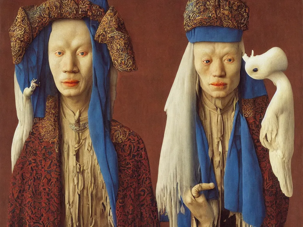 Image similar to portrait of albino mystic with blue eyes, with beautiful exotic, archaic, prehistoric, Burmese mask. Painting by Jan van Eyck, Audubon, Rene Magritte, Agnes Pelton, Max Ernst, Walton Ford