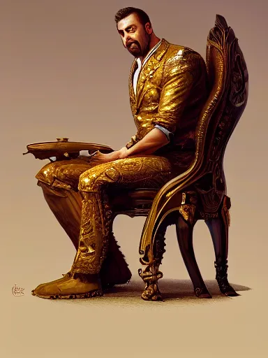 Image similar to a really poud man.. closed arms, sitting in his chair. intricate, elegant, highly detailed, digital painting, artstation, concept art, sharp focus, illustration, by justin gerard and artgerm, 8 k