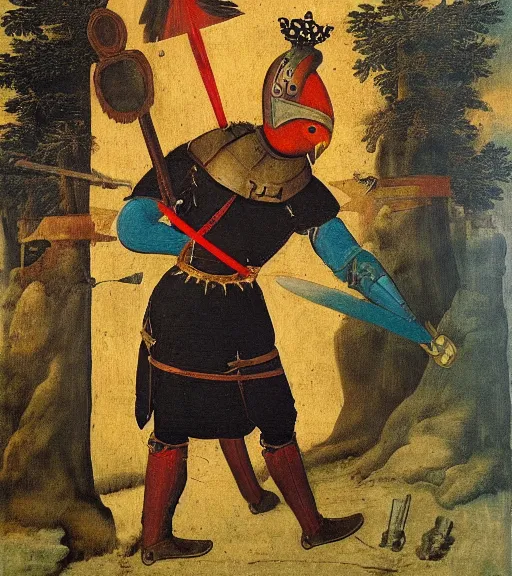 Prompt: anthropomorphic avian warrior wearing dark armour holding a sword stuck in the ground, renaissance painting