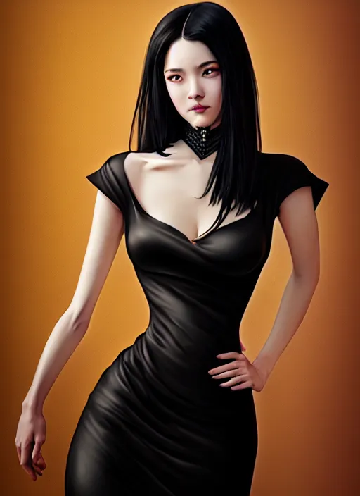 Image similar to photo of a elegant young woman in the style of WLOP and Stefan Kostic and Artgerm, black hair, black dress, realistic, sharp focus, 8k high definition, insanely detailed, intricate, elegant, art by stanley lau and artgerm