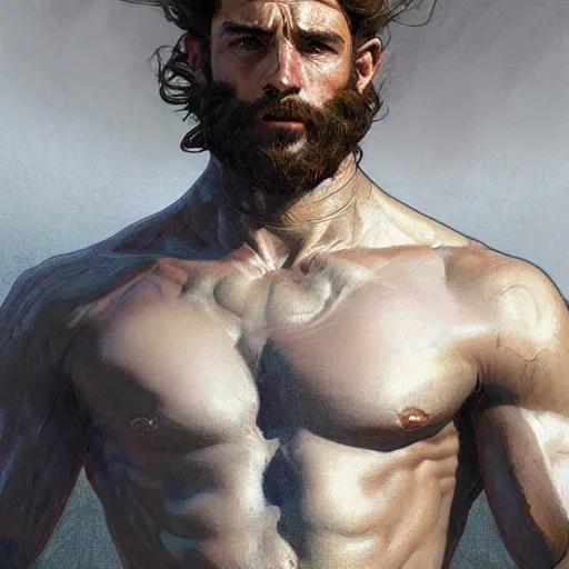 Image similar to portrait of a young rugged ranger, muscular, upper body, hairy torso, D&D, fantasy, intricate, cinematic lighting, highly detailed, digital painting, artstation, concept art, smooth, sharp focus, illustration, art by Artgerm and Greg Rutkowski and Alphonse Mucha