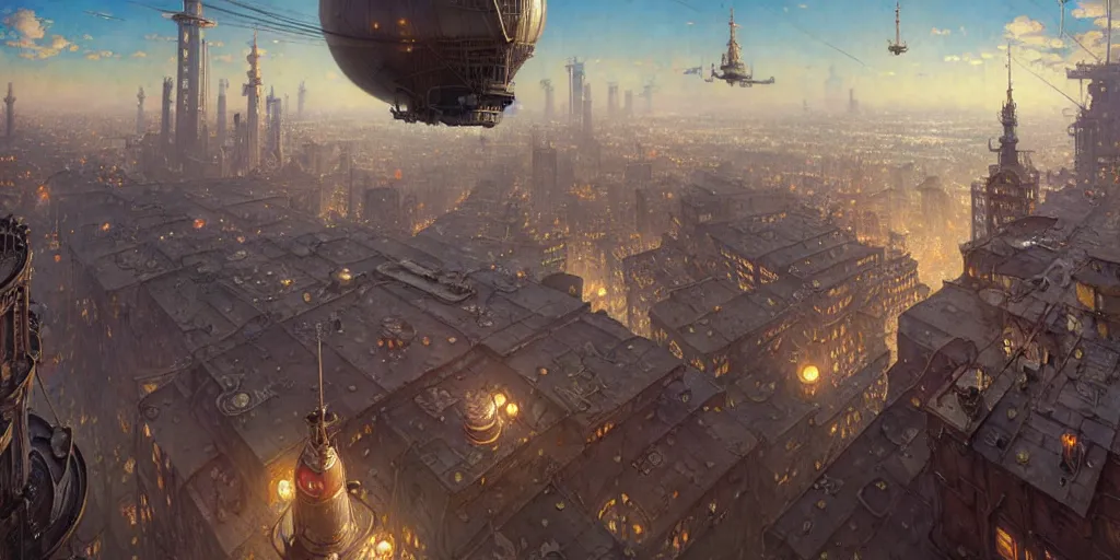 Image similar to steampunk airship above a busy city, exquisite details, denoised, mid view, by norman rockwell, karl kopinski, artsation, greg rutkowski, makoto shinkai, takashi takeuchi, studio ghibli