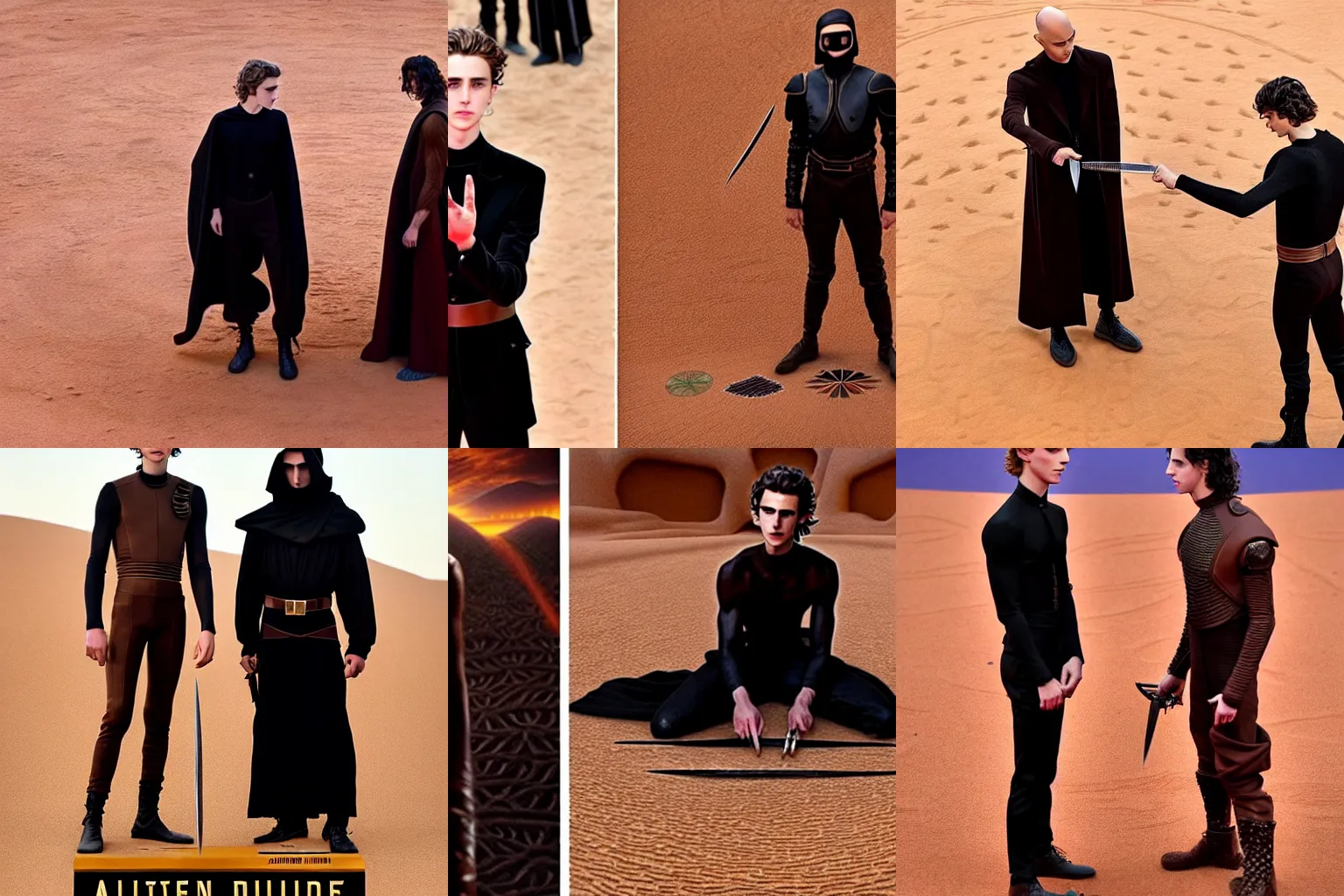 Prompt: Cinematic knife-duel between bald_hairless_Austin_Butler-dressed-in-black and Timothee_Chalamet_dressed-in-brown-felt, on a mosaic floor dais, inspired by Dune 2020, detailed faces