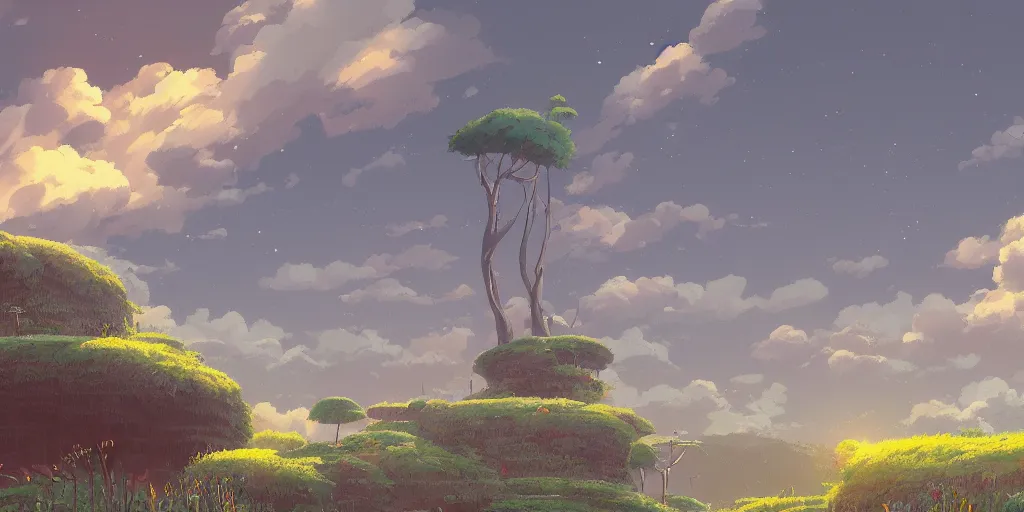 Image similar to evening, landscape, no people, Ghibli, Anime Background, Miyazaki Hayao, concept art, illustration,smooth, sharp focus, intricate, super wide angle, trending on artstation, trending on deviantart, 4K