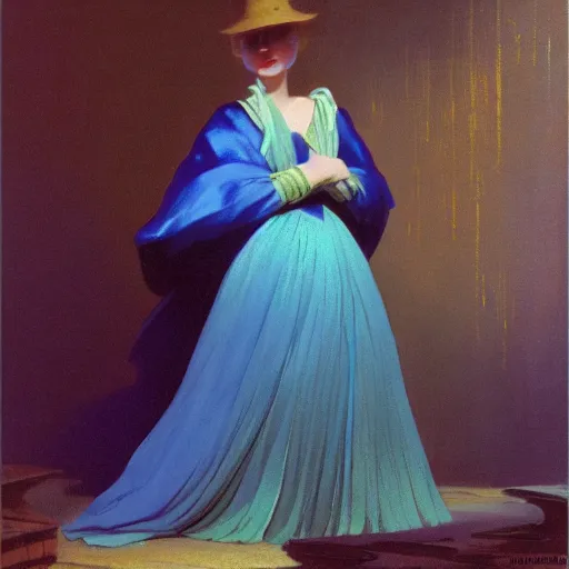 Prompt: a young woman's face, her hair is white and she wears a cobalt blue satin cloak, by ivan aivazovsky and syd mead and moebius and gaston bussiere and roger dean and pieter claesz and paul delaroche and alma tadema and aelbert cuyp and gabriel metsu, hyperrealistic, volumetric light, octane render