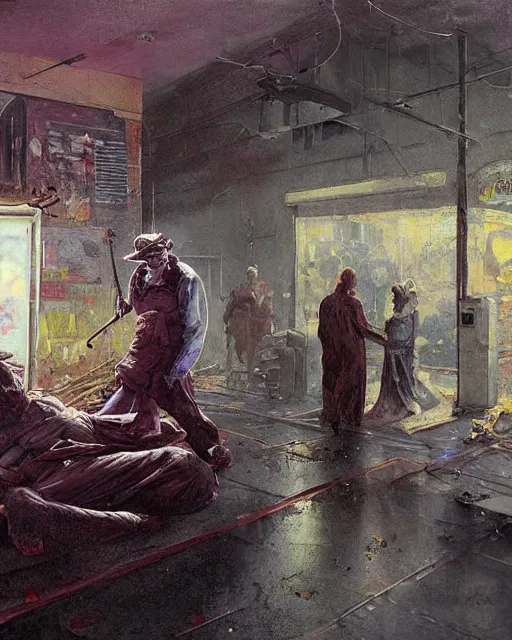 Prompt: a highly detailed epic cinematic concept art CG render digital painting artwork: old dead couple at a decayed gas station surrounded by dark figures. triadic color scheme, By Greg Rutkowski, in the style of Francis Bacon and Syd Mead and Edward Hopper and Norman Rockwell and Beksinski, open ceiling, highly detailed, painted by Francis Bacon, painted by James Gilleard, surrealism, airbrush, Ilya Kuvshinov, WLOP, Stanley Artgerm, very coherent, art by Takato Yamamoto and James Jean