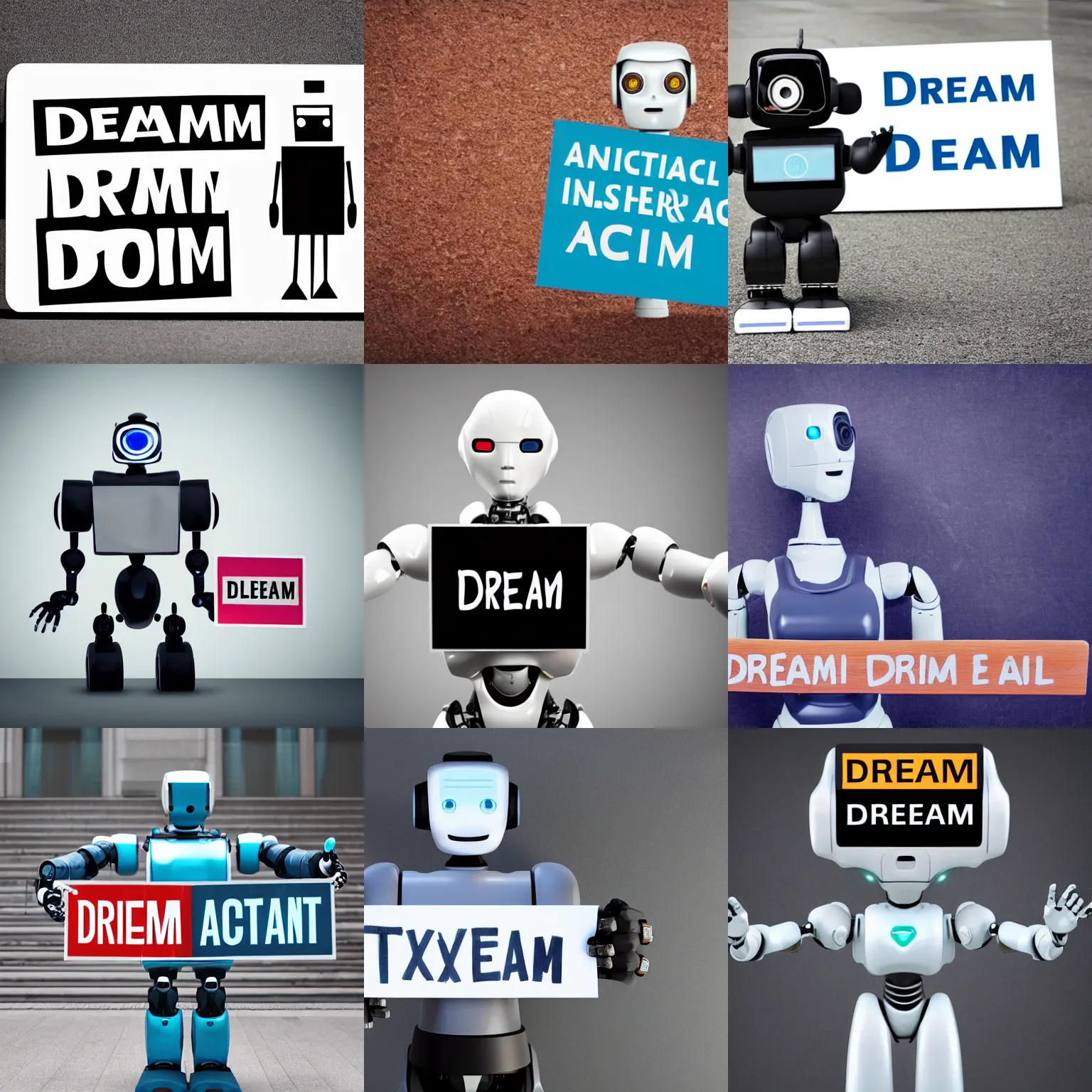 Image similar to artificial intelligence robot holding a sign with text that reads : dream