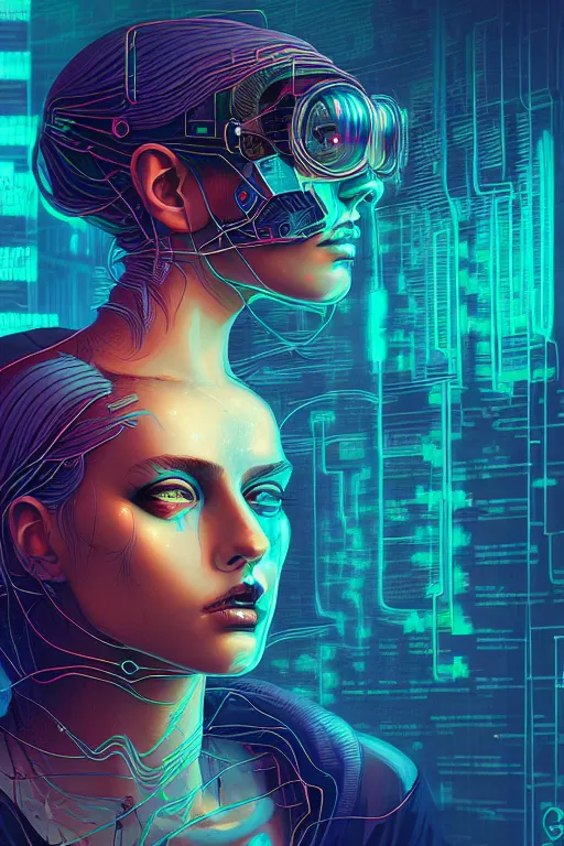 Prompt: dreamy cyberpunk girl, abstract smoke hair, digital nodes, computer network, beautiful woman, detailed acrylic, grunge, intricate complexity, by dan mumford and by alberto giacometti, anna dittmann