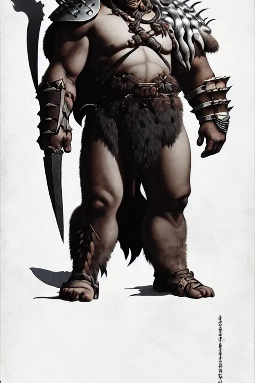 Image similar to orc barbarian wearing leather armor, full body shot, exquisite details, earth magic, mid view, design on a white background, by studio muti, greg rutkowski, makoto shinkai, takashi takeuchi, studio ghibli