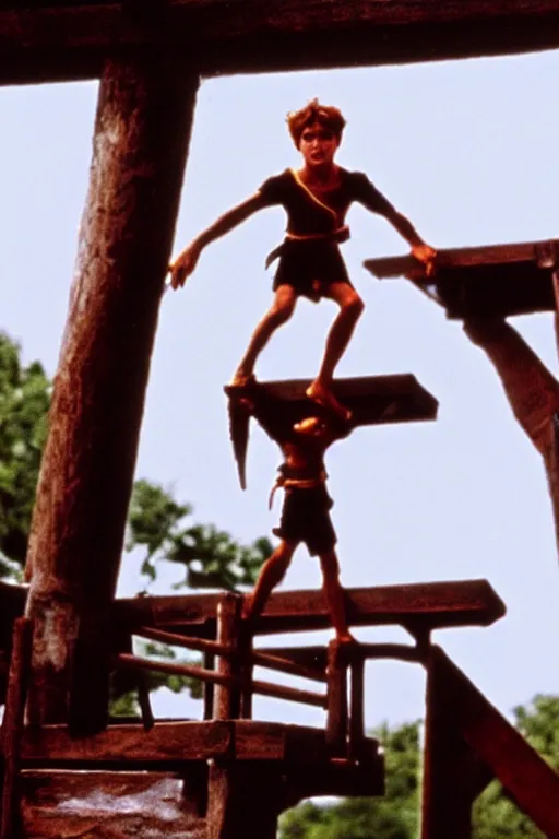 Image similar to close up still shot of young peter pan on a diving board, from the live action movie hook, 3 5 mm, highly detailed, dynamic lighting