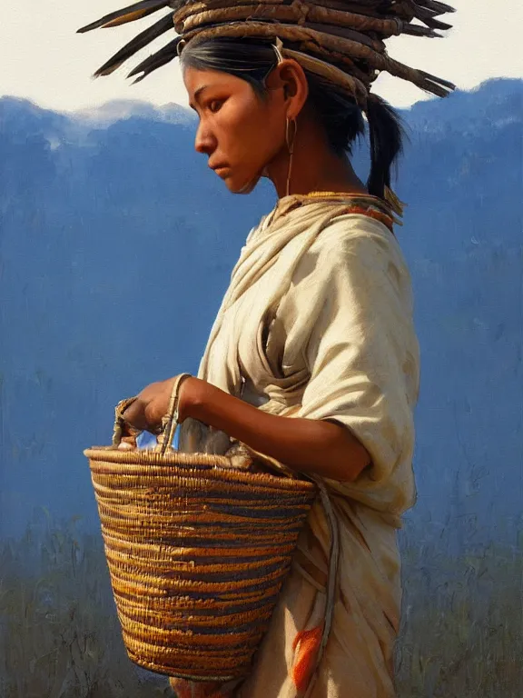 Prompt: an ultradetailed beautiful portrait painting of an female tribe native carrying a basket on her head on the road, side view, oil painting, high resolution, by ilya kuvshinov, greg rutkowski and makoto shinkai